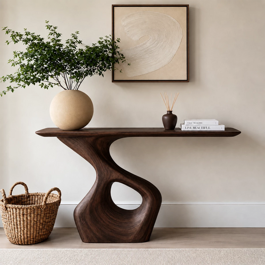 Natural Solid Wood Console Table with Abstract Cutout Pedestal Modern Style - Echotimber