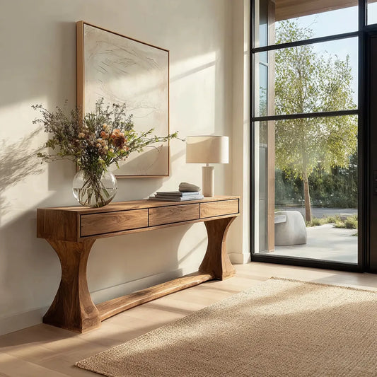 Natural Solid Wood Console Table with Drawers and Sculptural Base - Echotimber
