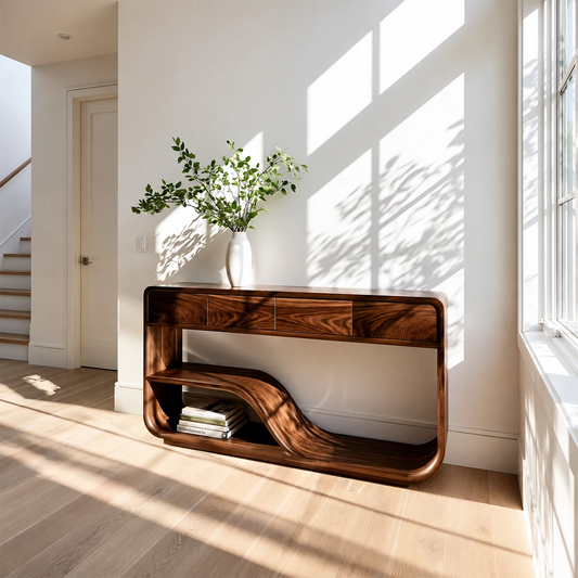 Natural Solid Wood Console Table with Four Drawers Modern Sculptural Style - Echotimber