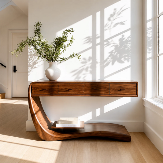 Natural Solid Wood Console Table with Four Drawers Sculptural Cantilever Style - Echotimber