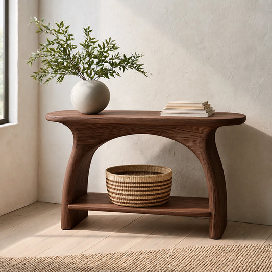 Natural Solid Wood Console Table with Sculptural Arch Base and Open Shelf - Echotimber