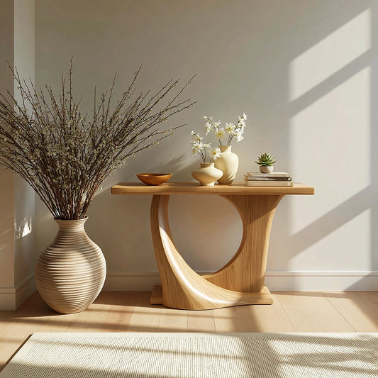 Natural Solid Wood Console Table with Sculptural Circle Base - Echotimber
