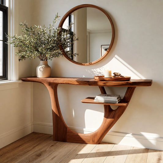 Natural Solid Wood Console Table with Sculptural Open Frame and Display Shelf - Echotimber