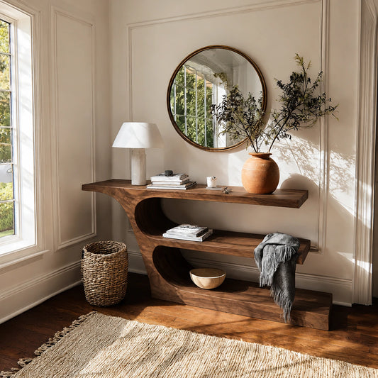 Natural Solid Wood Console Table with Sculptural Open Shelf Design - Echotimber