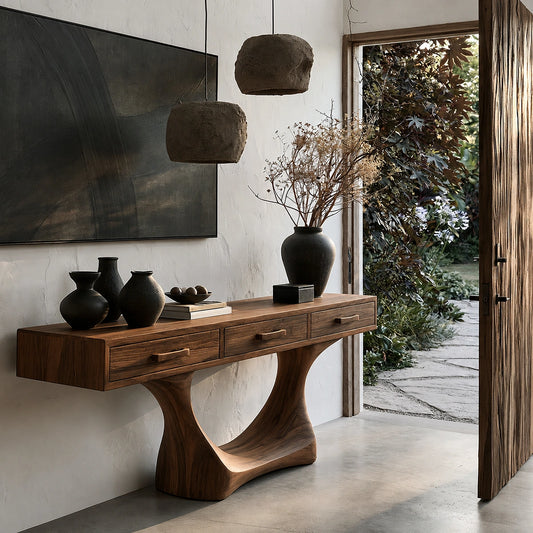 Natural Solid Wood Console Table with Three Drawers and Sculptural Pedestal Base - Echotimber