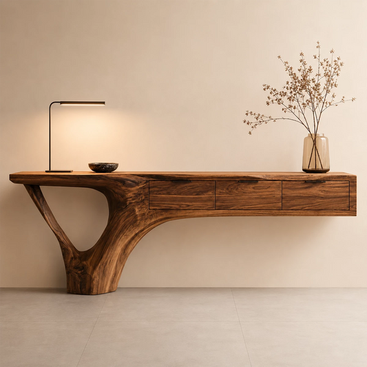 Natural Solid Wood Console Table with Three Drawers Sculptural Cantilever Style - Echotimber