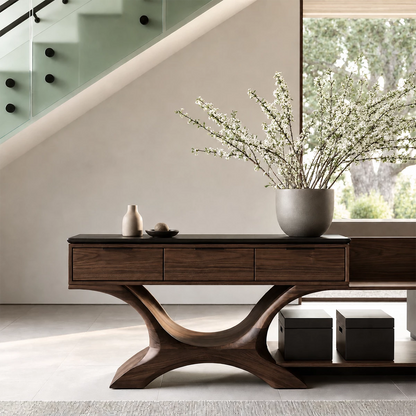 Natural Solid Wood Console Table with Three Drawers Sculptural Modern Style - Livewoodcraft - 8