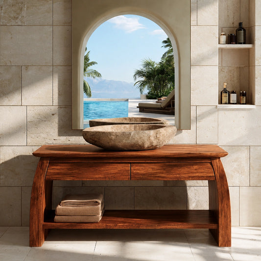 Natural Solid Wood Double Bathroom Vanity with 2 Drawers and Open Shelf - Echotimber