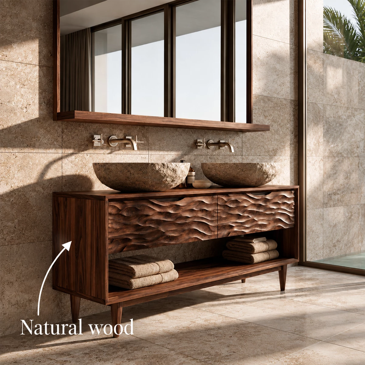 Natural Solid Wood Double Vanity with Carved Drawers and Open Shelf - Livewoodcraft - 10