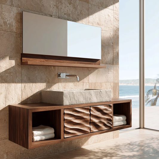 Natural Solid Wood Floating Bathroom Cabinet with 2 Doors and Open Shelf - Echotimber