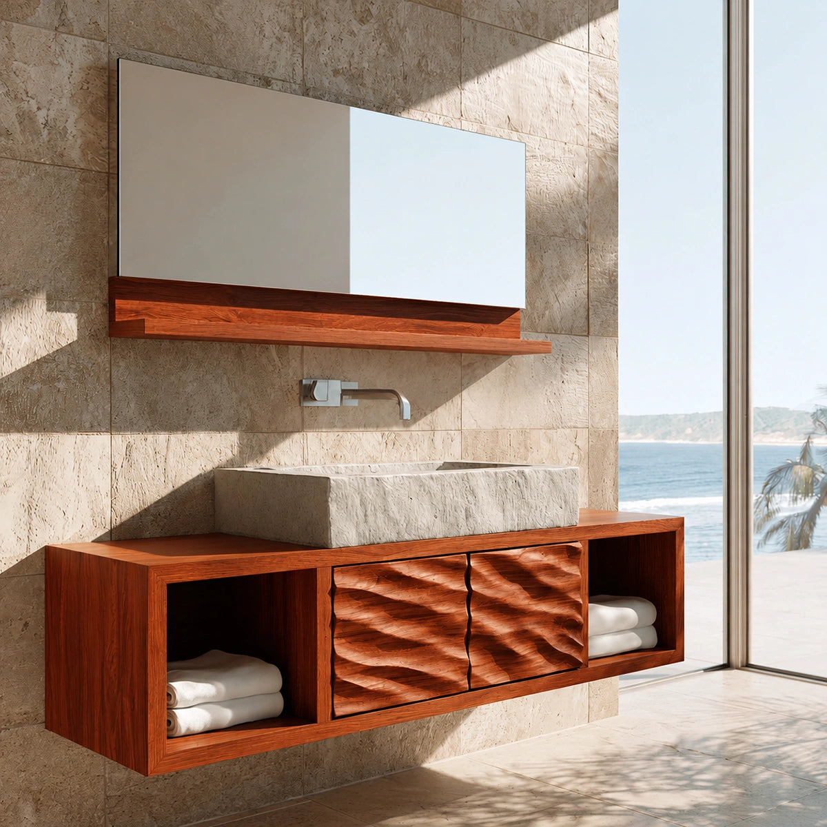 Natural Solid Wood Floating Bathroom Cabinet with 2 Doors and Open Shelf - Livewoodcraft - 2