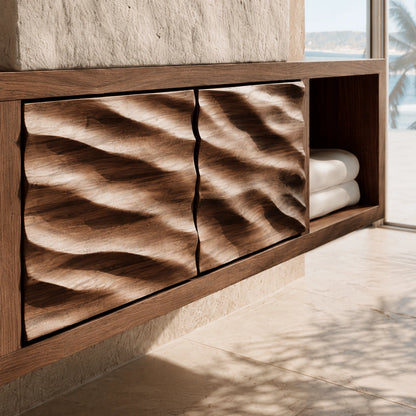 Natural Solid Wood Floating Bathroom Cabinet with 2 Doors and Open Shelf - Livewoodcraft - 5
