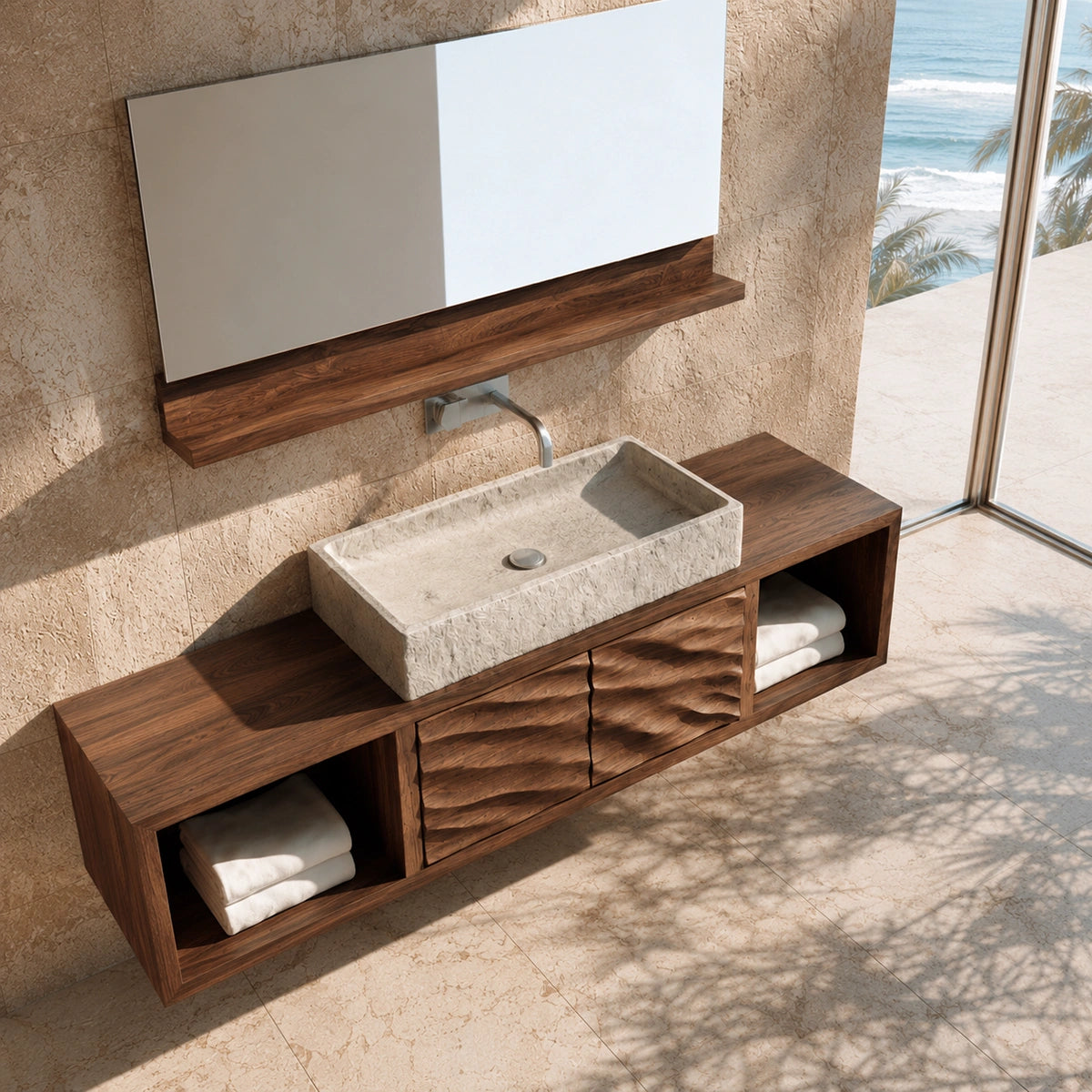 Natural Solid Wood Floating Bathroom Cabinet with 2 Doors and Open Shelf - Livewoodcraft - 7