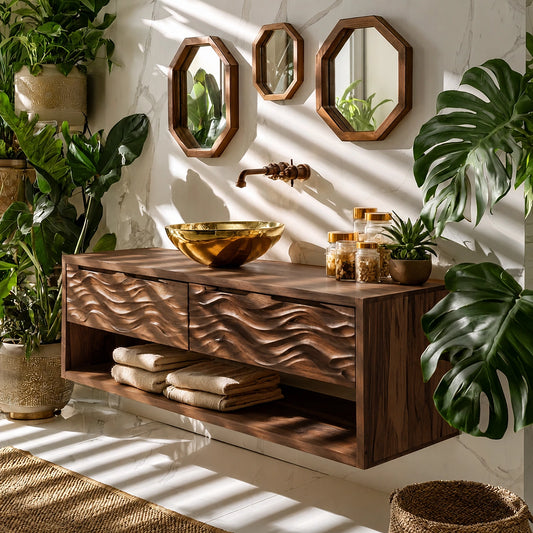 Natural Solid Wood Floating Bathroom Vanity with 2 Drawers and Open Shelf - Echotimber