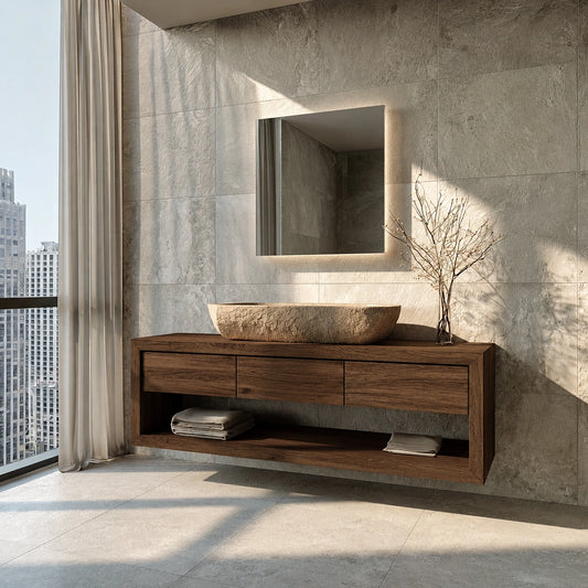 Natural Solid Wood Floating Bathroom Vanity with 3 Drawers and Open Shelf - Echotimber - 1376