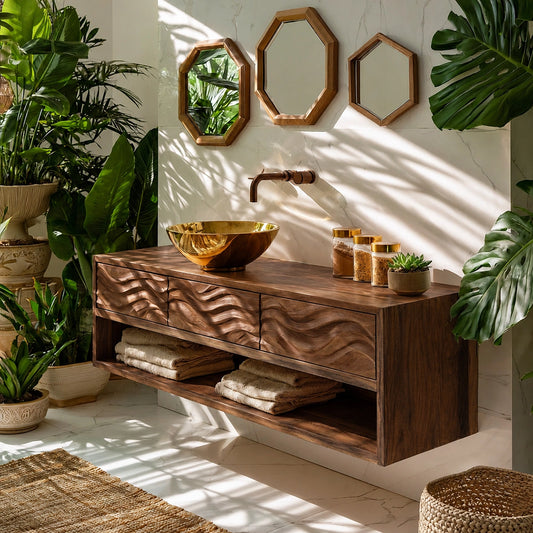 Natural Solid Wood Floating Bathroom Vanity with 3 Drawers and Open Shelf - Echotimber