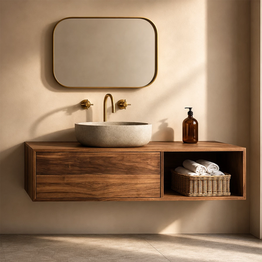 Natural Solid Wood Floating Bathroom Vanity with Concealed Storage and Open Shelf - Echotimber