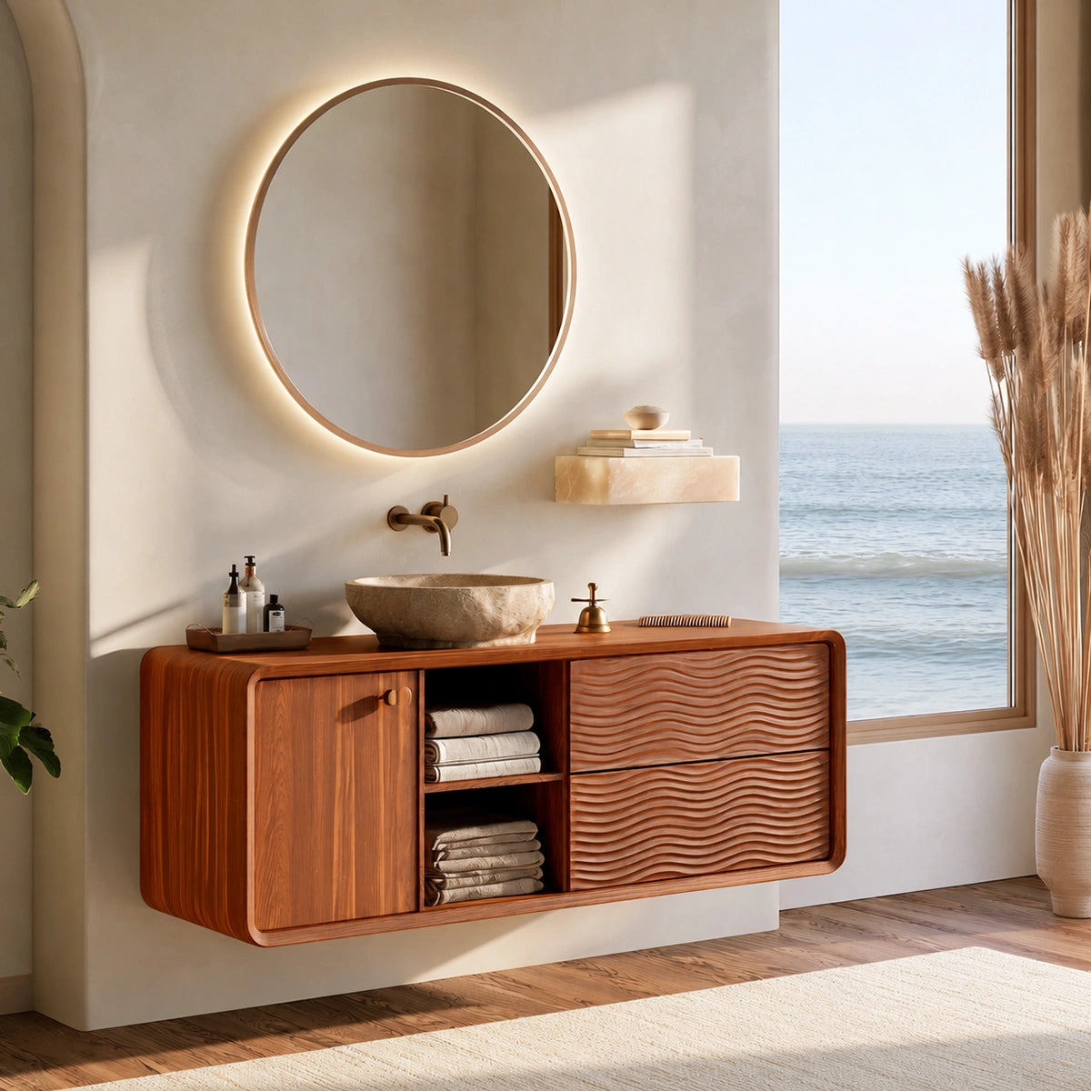 Natural Solid Wood Floating Bathroom Vanity with Door, Shelves and 2 Drawers - Livewoodcraft - 2