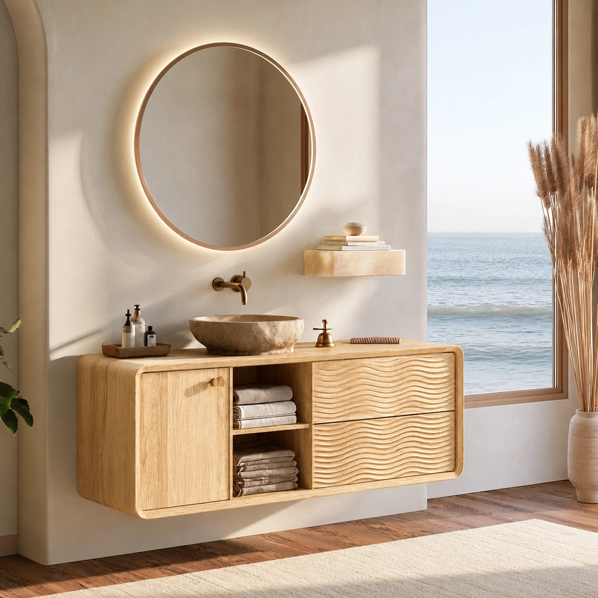 Natural Solid Wood Floating Bathroom Vanity with Door, Shelves and 2 Drawers - Livewoodcraft - 3