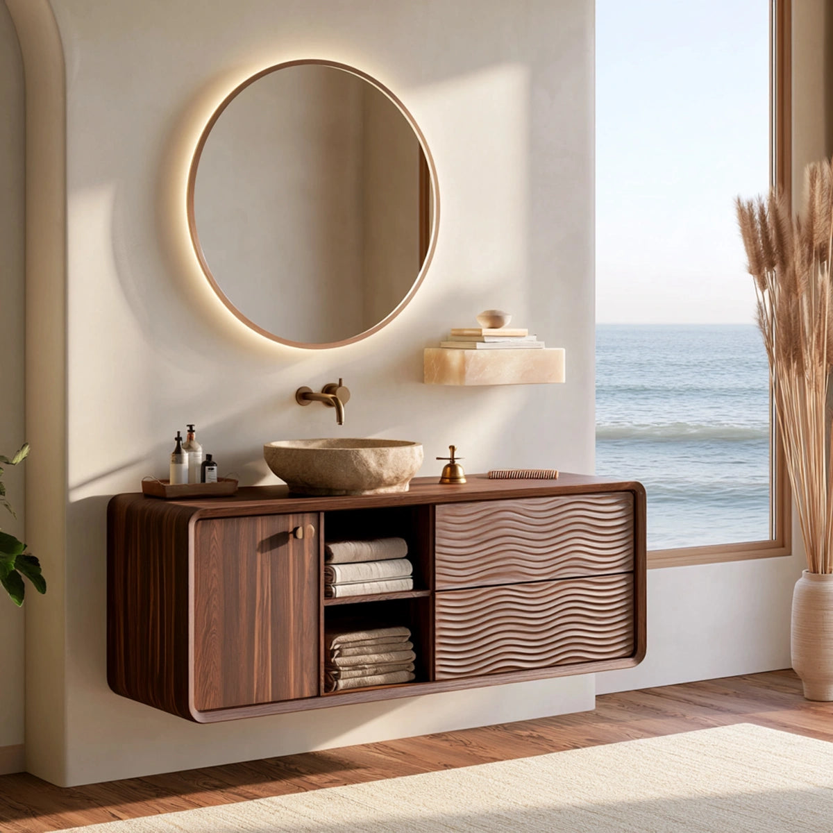 Natural Solid Wood Floating Bathroom Vanity with Door, Shelves and 2 Drawers - Livewoodcraft