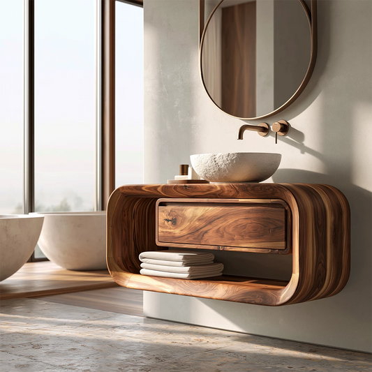 Natural Solid Wood Floating Bathroom Vanity with Drawer and Open Shelf - Echotimber
