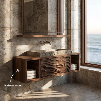 Natural Solid Wood Floating Bathroom Vanity with Four Carved Drawers - Livewoodcraft - 9