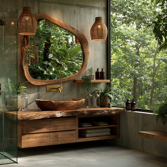 Natural Solid Wood Floating Bathroom Vanity with Four Drawers and Open Shelves - Echotimber