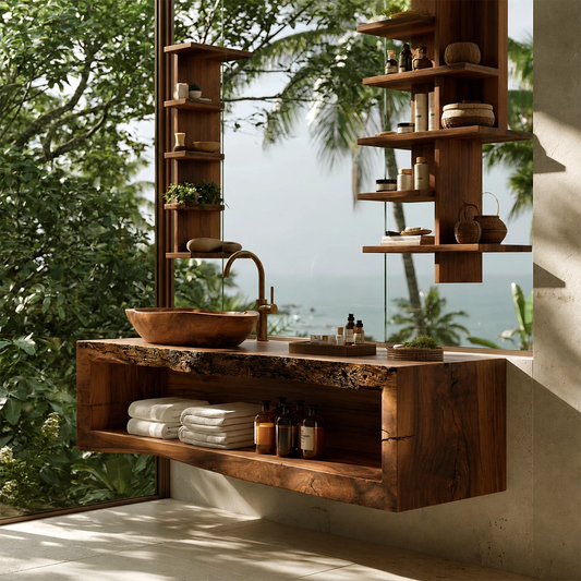 Natural Solid Wood Floating Bathroom Vanity with Full Width Open Shelf - Echotimber