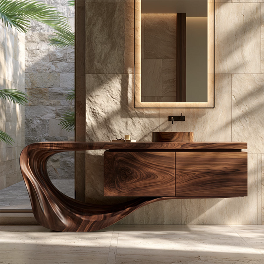 Natural Solid Wood Floating Bathroom Vanity with Sculptural Loop Base - Echotimber