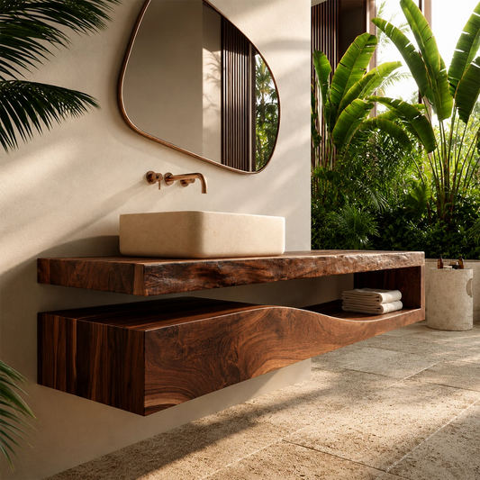 Natural Solid Wood Floating Bathroom Vanity with Sculptural Wave Storage - Echotimber