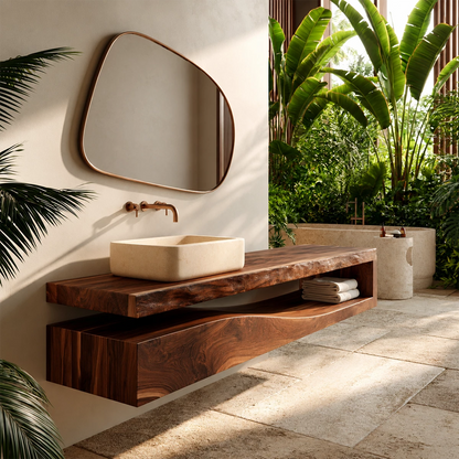 Natural Solid Wood Floating Bathroom Vanity with Sculptural Wave Storage - Livewoodcraft - 4