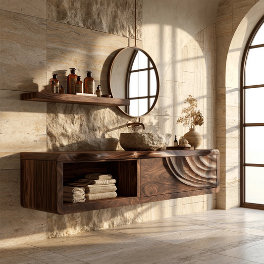 Natural Solid Wood Floating Bathroom Vanity with Shell Carved Storage - Echotimber