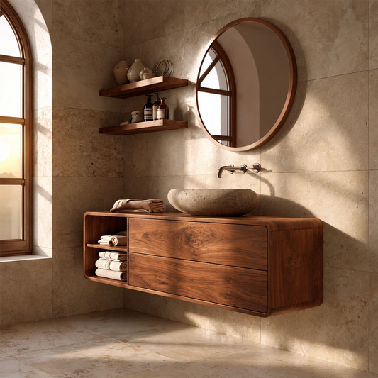 Natural Solid Wood Floating Bathroom Vanity with Two Drawers and Open Shelf - Echotimber - 0848