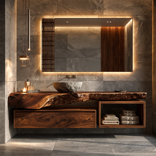 Natural Solid Wood Floating Bathroom Vanity with Two Drawers and Open Shelf - Echotimber