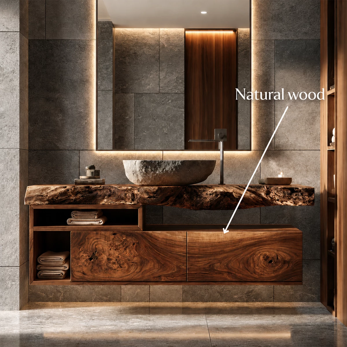 Natural Solid Wood Floating Bathroom Vanity with Two Drawers and Open Shelves - Livewoodcraft - 9