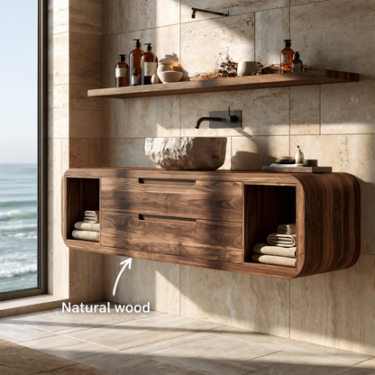 Natural Solid Wood Floating Bathroom Vanity with Two Drawers and Side Shelves - Livewoodcraft - 10