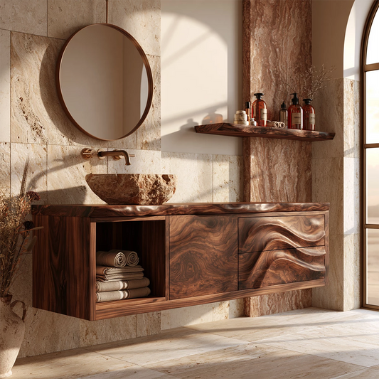 Natural Solid Wood Floating Bathroom Vanity with Wave Carved Drawers - Echotimber