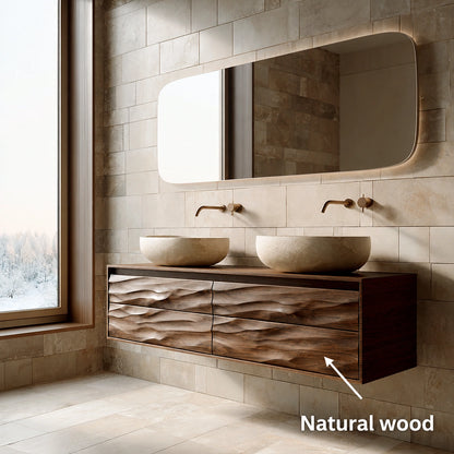 Natural Solid Wood Floating Double Bathroom Vanity with 4 Sculpted Drawers - Livewoodcraft - 10