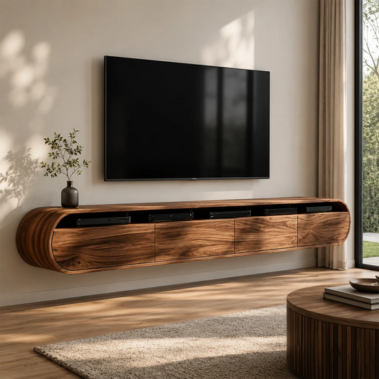 Natural Solid Wood Floating TV Stand Rounded Contemporary Style - Echotimber