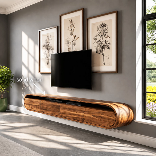 Natural Solid Wood Floating TV Stand Rounded Modern Style - Echotimber