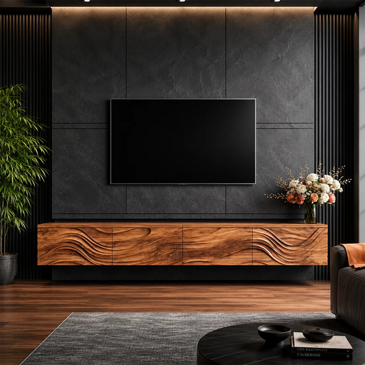Natural Solid Wood Floating TV Stand Sculptural Modern Style - Echotimber