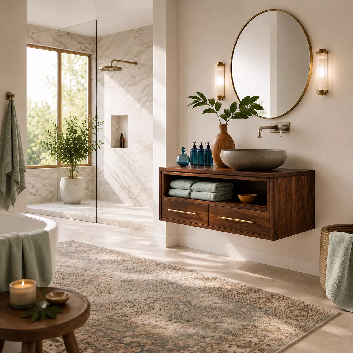 Natural Solid Wood Floating Vanity with Open Shelf Storage Traditional - Echotimber