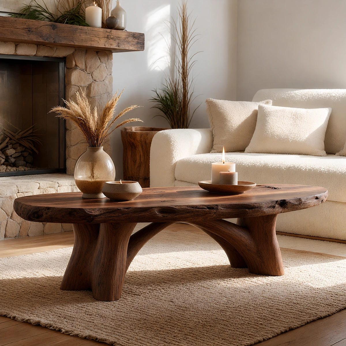 Natural Solid Wood Live Edge Coffee Table with Sculptural Branch Base - Livewoodcraft
