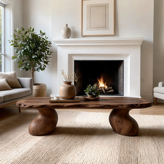 Natural Solid Wood Live Edge Coffee Table with Sculptural Curved Pedestal Legs - Echotimber