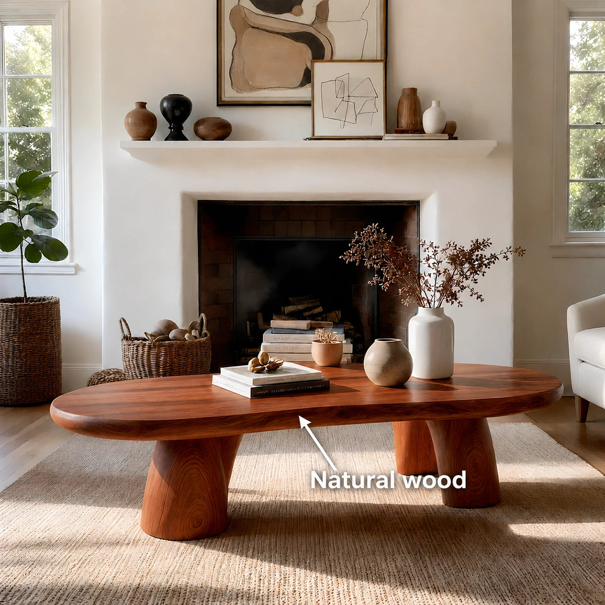 Natural Solid Wood Oval Coffee Table with Four Sculptural Legs - Livewoodcraft - 10