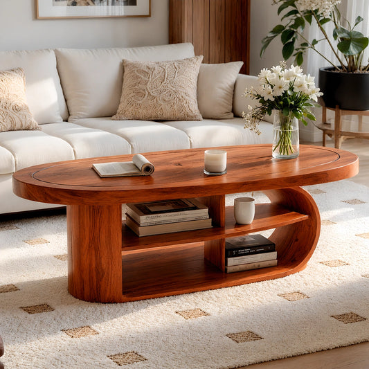 Natural Solid Wood Oval Coffee Table with Open Shelves and Curved Loop Base - Echotimber