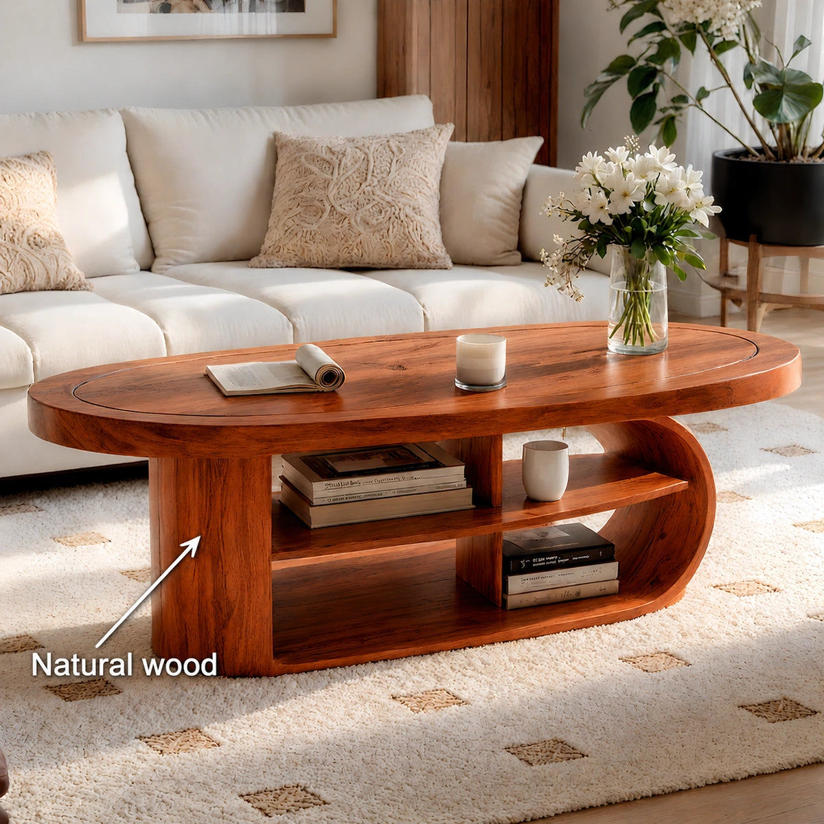 Natural Solid Wood Oval Coffee Table with Open Shelves and Curved Loop Base - Livewoodcraft - 10
