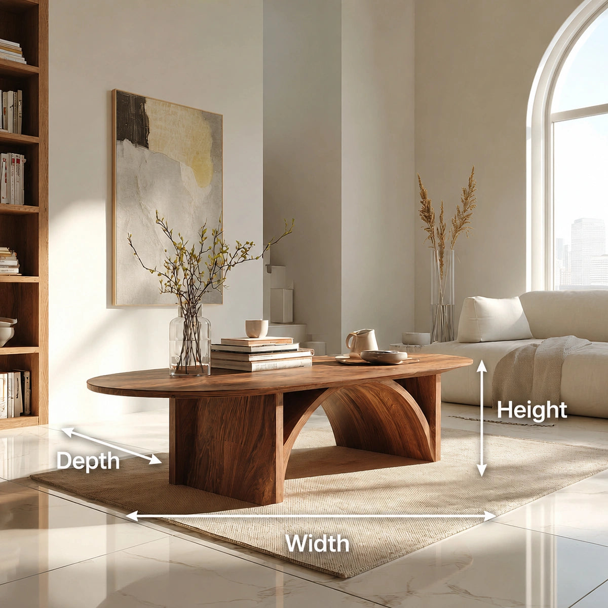 Natural Solid Wood Oval Coffee Table with Sculptural Arch Base - Livewoodcraft - 9