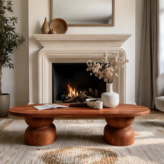 Natural Solid Wood Oval Coffee Table with Sculptural Hourglass Pedestal Legs - Echotimber