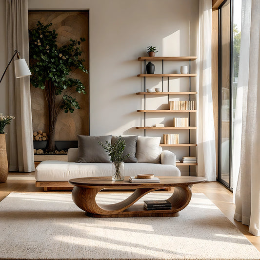 Natural Solid Wood Oval Coffee Table with Sculptural Loop Base and Lower Shelf - Echotimber